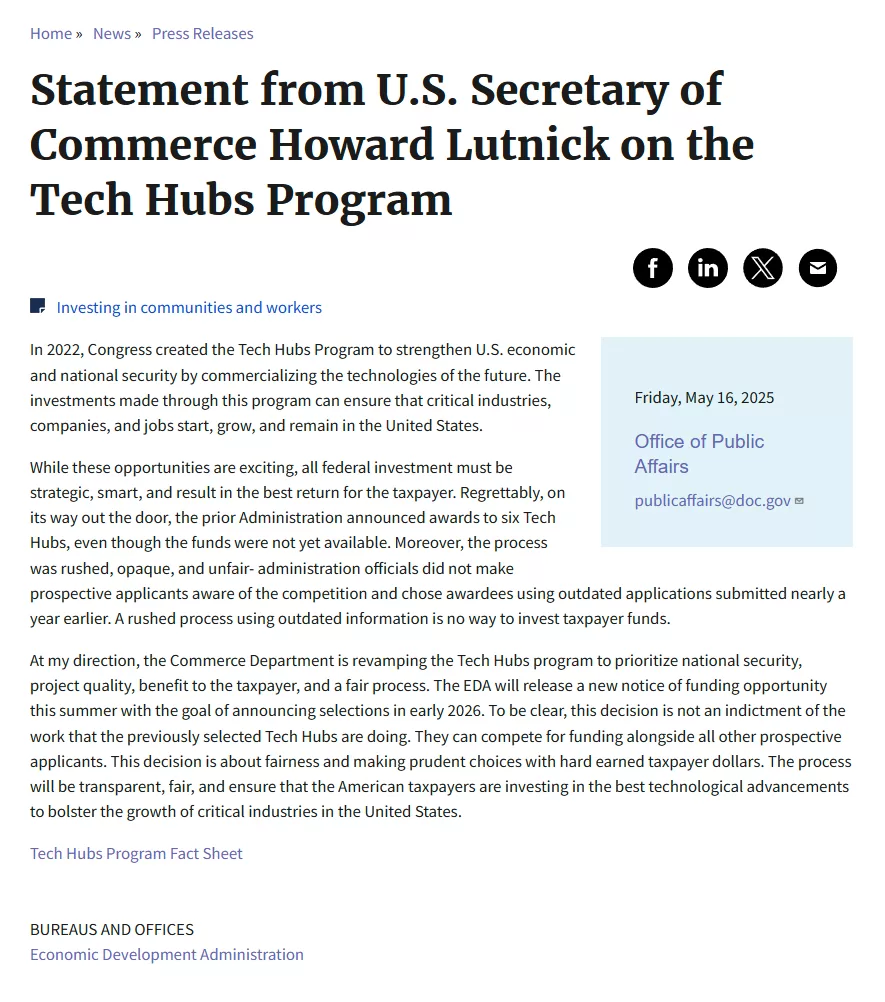 Department of Commerce Press Release on Tech Hubs Department of Commerce Press Release on Tech Hubs